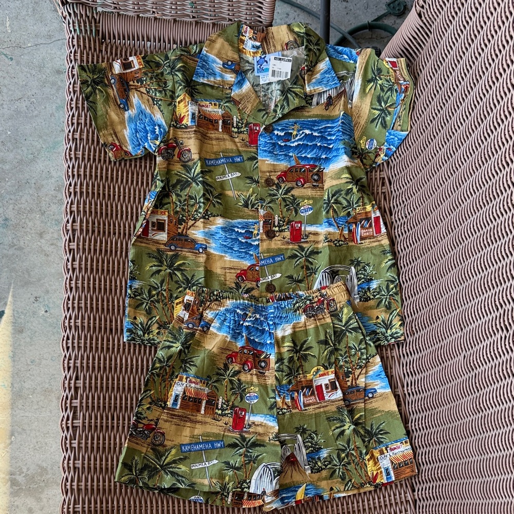 Kids Tropical Print Matching Set - Olive Green and Blue